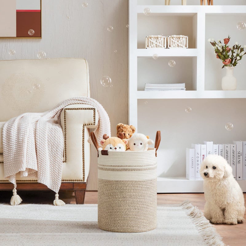 VIPOSCO Small Laundry Basket  Slim Baby Hamper with Leather Handle  Cute Woven Rope Storage Basket for Blanket  Kids Toy  Clothes In Living Room  Bathroom  Bedroom  Nursery Room - 30L Brown & White - Image 2